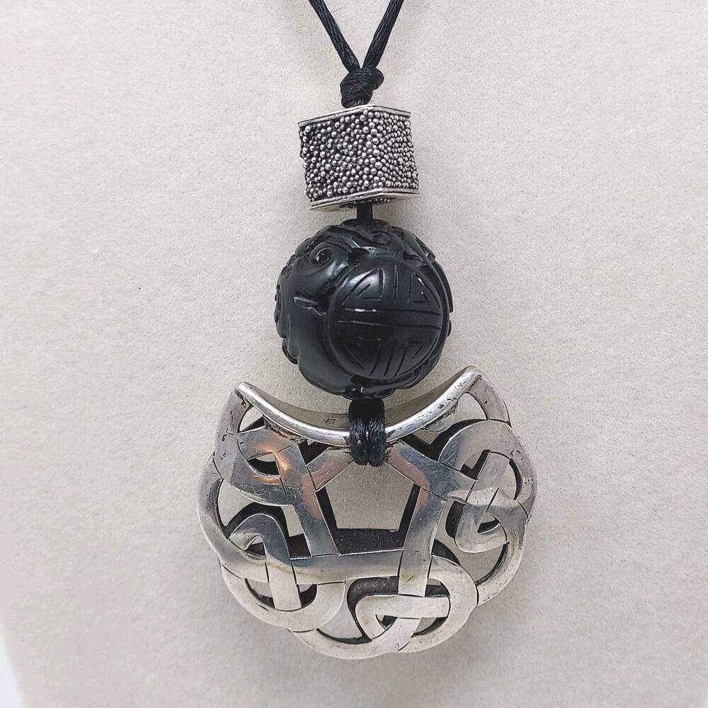 Vintage Artisan Silver Pendant Necklace Carved Bead Silk Cord Mark 925 Untested